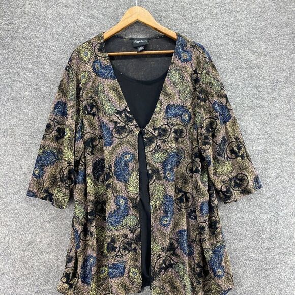 Maggie Barnes Top Women 2X Plus Gray Feather Print One Button 3/4 Sleeve Casual - Picture 3 of 8